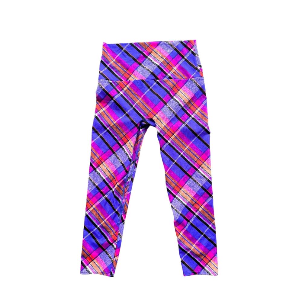 K-DEER Colorful Plaid Cropped Leggings Flex Sz M Yoga Workout Active USA